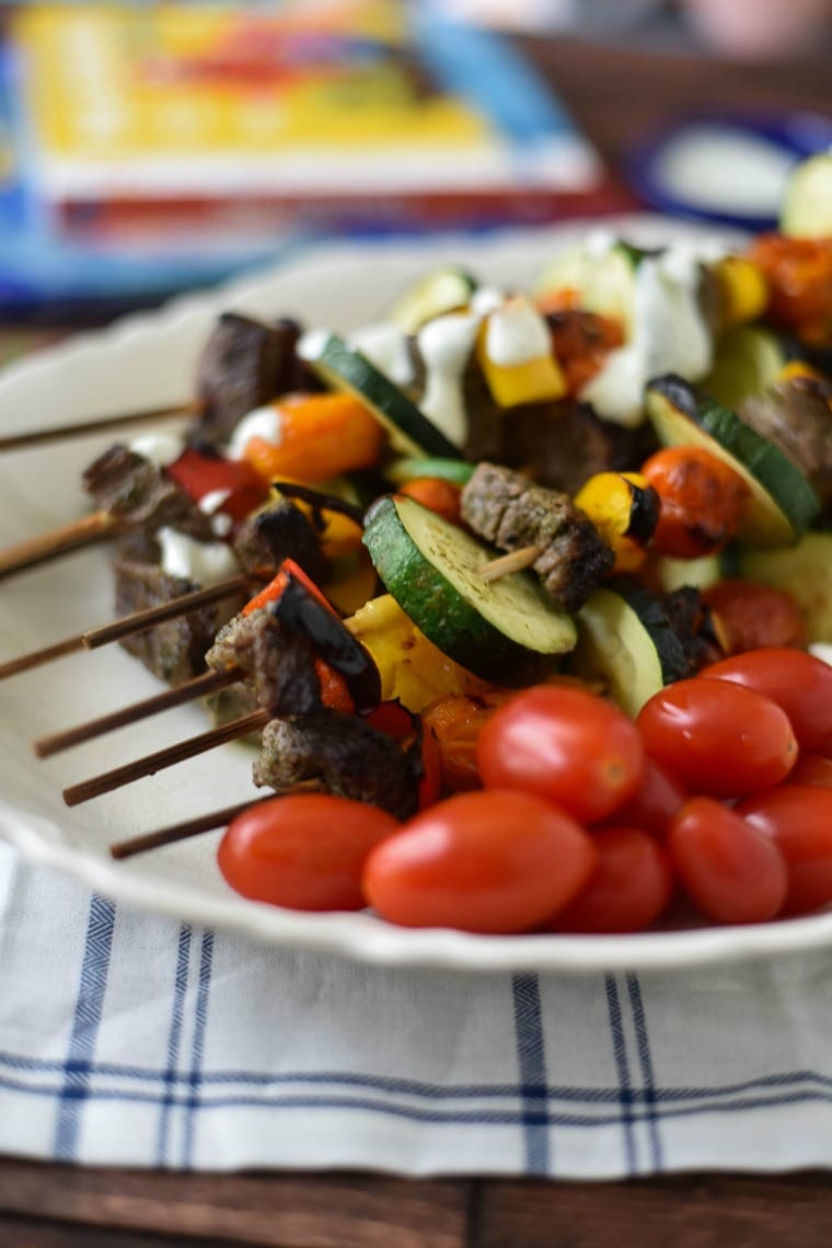 Greek Beef Kebabs with Grape Tomatoes and Feta Dip