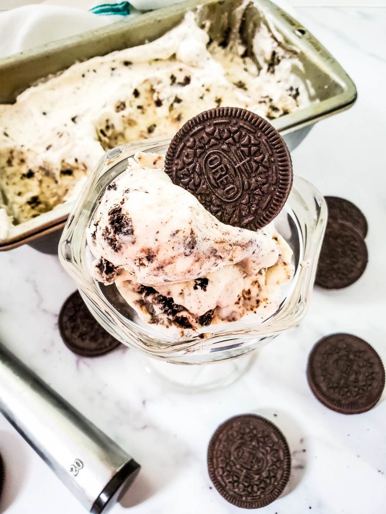 overhead view of oreo ice cream in dish