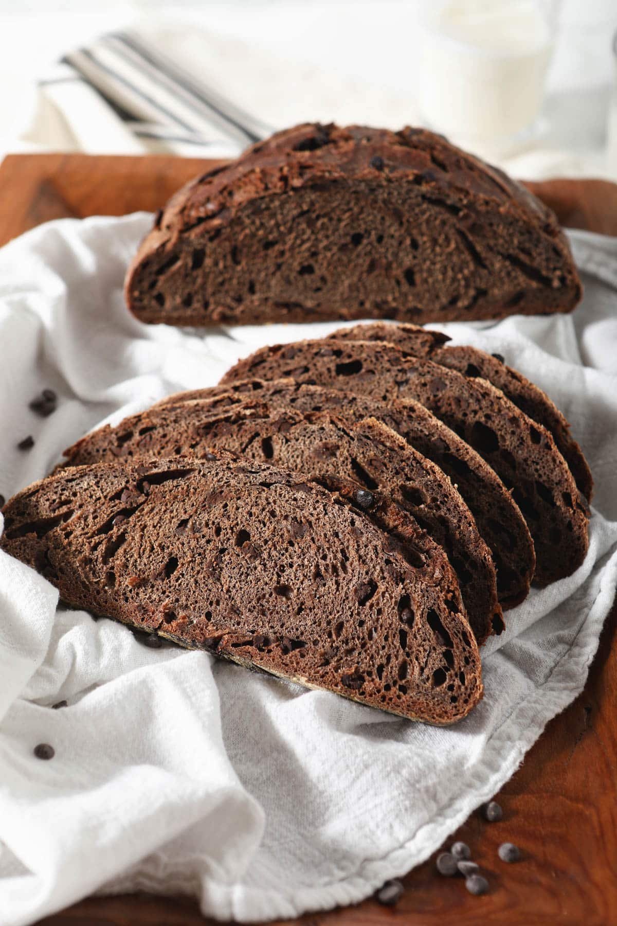 sourdough chocolate bread loaf with slices in front