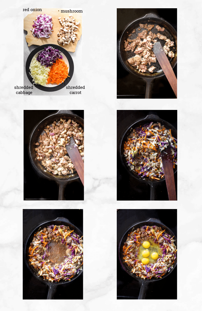 collage showing steps to make egg roll in a bowl in skillet